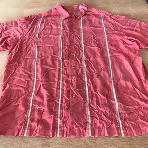 Caribbean Shirt Men 2X Coral Pink Striped Silk Cotton Button Up Short Sleeve - Picture 1 of 11