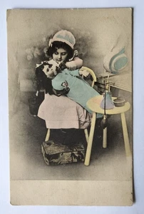 Antique French Postcard Little Girl with Doll Perfume Bottle - Picture 1 of 2