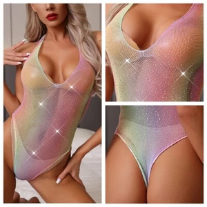 Sexy Body Dama Lencería Transparente Estrás Arco Iris Sin Espalda Ver A Través Erótico - Imagen 1 de 6