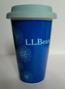 LL Bean Coffee Cup Double Wall Hot Beverage Floral Design Rubber Lid Blue