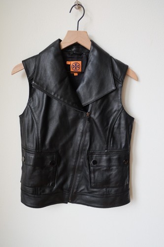 Gilet A+ Tory Burch Pelle Giacca Nera Cappotto Piccola Moto Biker Asimmetrico