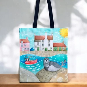 Seal Shopping Bag - Seaside Tote Bag - Thick 100% Cotton - Pittenweem Harbour - Picture 1 of 5
