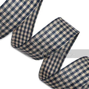 Navy Blue Beige Gingham Check Farmhouse Plaid Wired Ribbon 1.5" Wide X 10 Yards - Picture 1 of 1