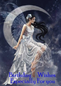 HAPPY BIRTHDAY GRUSSKARTE SCHÖNE FEE ENGEL DAME SITZEND AUF DEM MOND - Bild 1 von 1