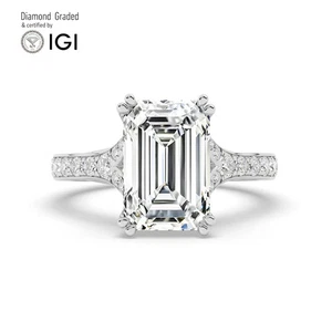 Emerald Solitaire Labgrown Diamond Engagement Ring 14k White Gold 3.40 Ct - Picture 1 of 18