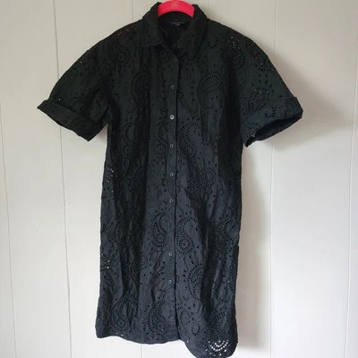 Club Monaco Cottagecore Black Cotton Eyelet Shirt Mini Knee Length Dress Sz S - Image 1 of 4