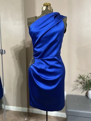 Vestido de cóctel David Meister satinado con un hombro con cuentas 12 azul fiesta noche Foto 1 de 4