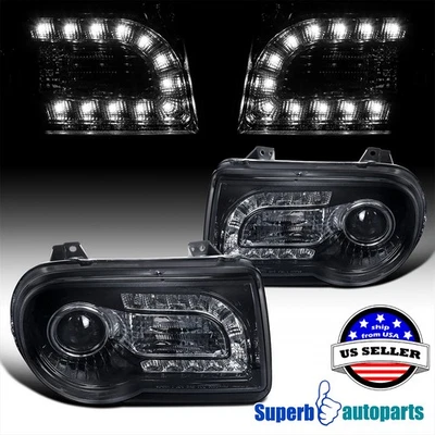 Fits 2005-2010 Chrysler 300 300C Projector Headlights Lamp LED Strip Black/Smoke - Image 1 of 4