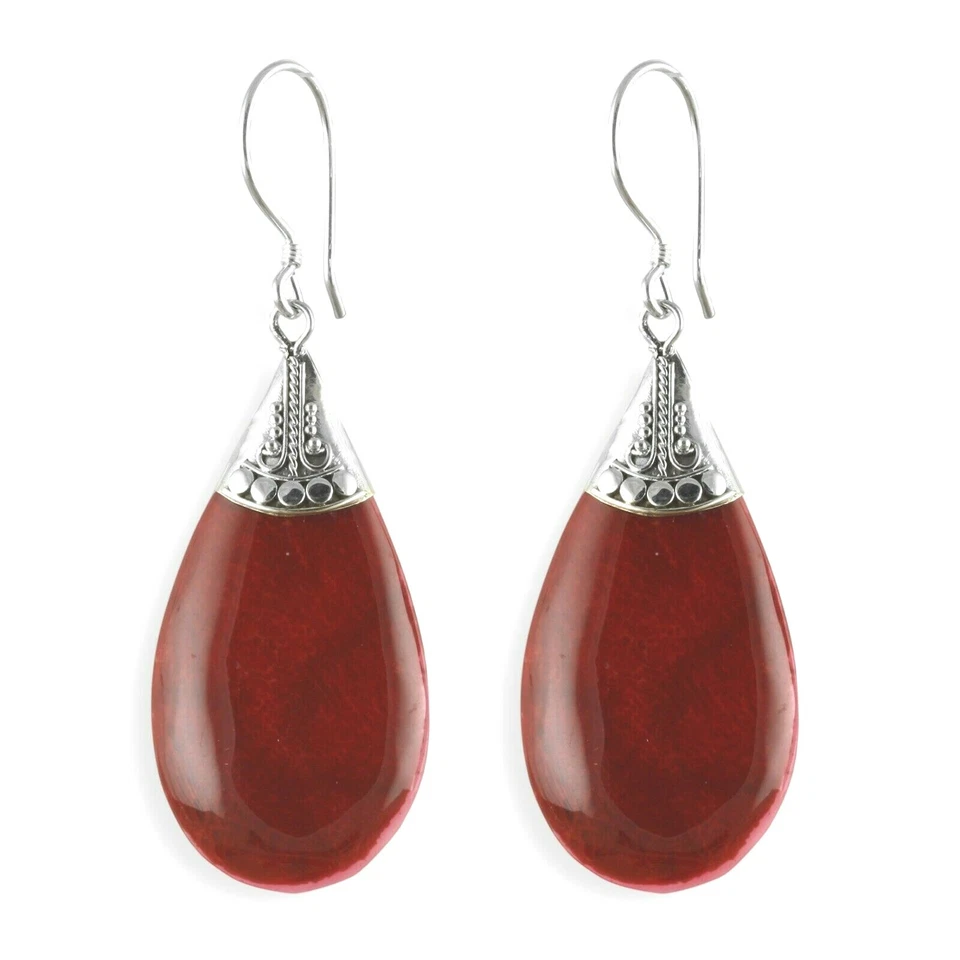 Edle 925er Silber Damen Ohrringe Hänger Tropfen rote Steine Handarbeit SER297 - Bild 1 von 1