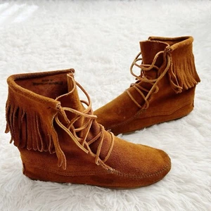 Minnetonka Damen braun Leder Fransen Slipper Stiefel Mokassins Größe 7 - Bild 1 von 7
