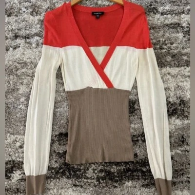 Stylish RARE BeBe Colorblock V-Neck Sweater Top - Size Small - Image 1 of 4