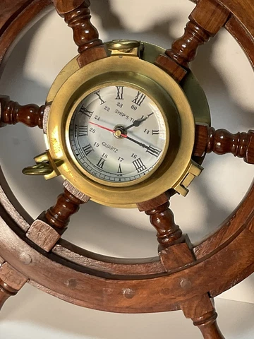Ships Time Wall Clock Wood Brass Nautical Ship Wheel Battery Powered Home Decor Cover