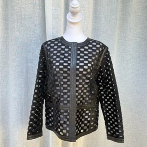 Chaqueta de noche de cuero tejido canasta piel de vaca negra Escada - Imagen 1 de 9