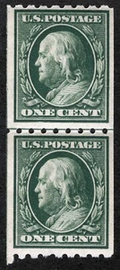 US Sc 390 Green 1¢ 1910 p.8.5 SLWm MNH Original Gum Guide Line Vert Coil Pair - Picture 1 of 1