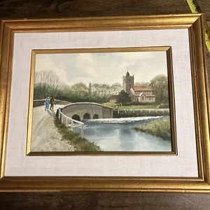 Signed original English water color painting, Bridge,church,12x16, Framed 19x23 - Picture 1 of 7