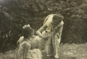Woman & Girl Petting Sheep In Yard B&W Photograph 2.75 x 4 - Picture 1 of 3