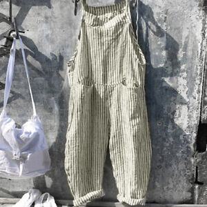 Ladies Loose Casual Striped Dungarees Jumpsuit Womens Overalls Baggy Romper
