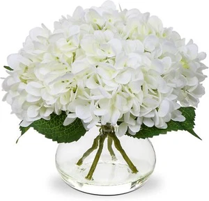 Hydrangea Artificial Flower with Vase White Silk Fake Flower Arrangement - Picture 1 of 7