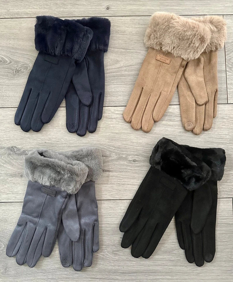 Classy Plain Super Soft Suede Fur Touch Screen Full Finger Ladies Gloves - Image 1 of 1