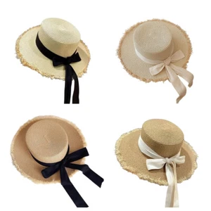 Women Elegant Bowknot Decorated Sun Hat for Women Girl Flat Top Beach Straw Hat - Picture 1 of 16
