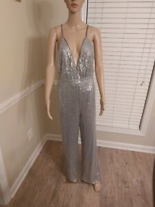 Miss Avenue Silver Sequin Deep V Criss Cross In Back Jumpsuit Size Large