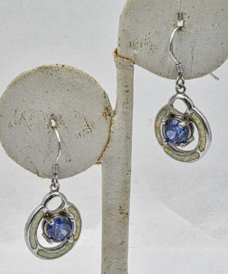 Estate Signed JSA Sterling Silver Iolite & Opal color Stone Dangle HOOK earrings - Image 1 of 4