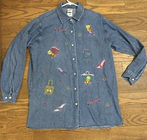 Warner Bros Studio Store Tweety Bird Womens Large Embroidered Denim Shirt WB - Picture 1 of 12