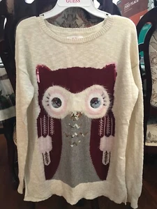 Justice Girls sequin Owl Sweater Cream & Multi Color Size 18 Very Good Condition - Picture 1 of 7