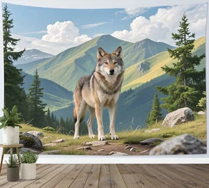Tapiz de montaña de lobo de animales salvajes Green Woodland para dormitorio sala dormitorio - Imagen 1 de 13