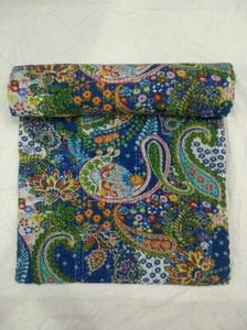 Indian Kantha Twin Size Quilt Blue Paisley Reversible Bedspread Blanket Throw - Picture 1 of 3