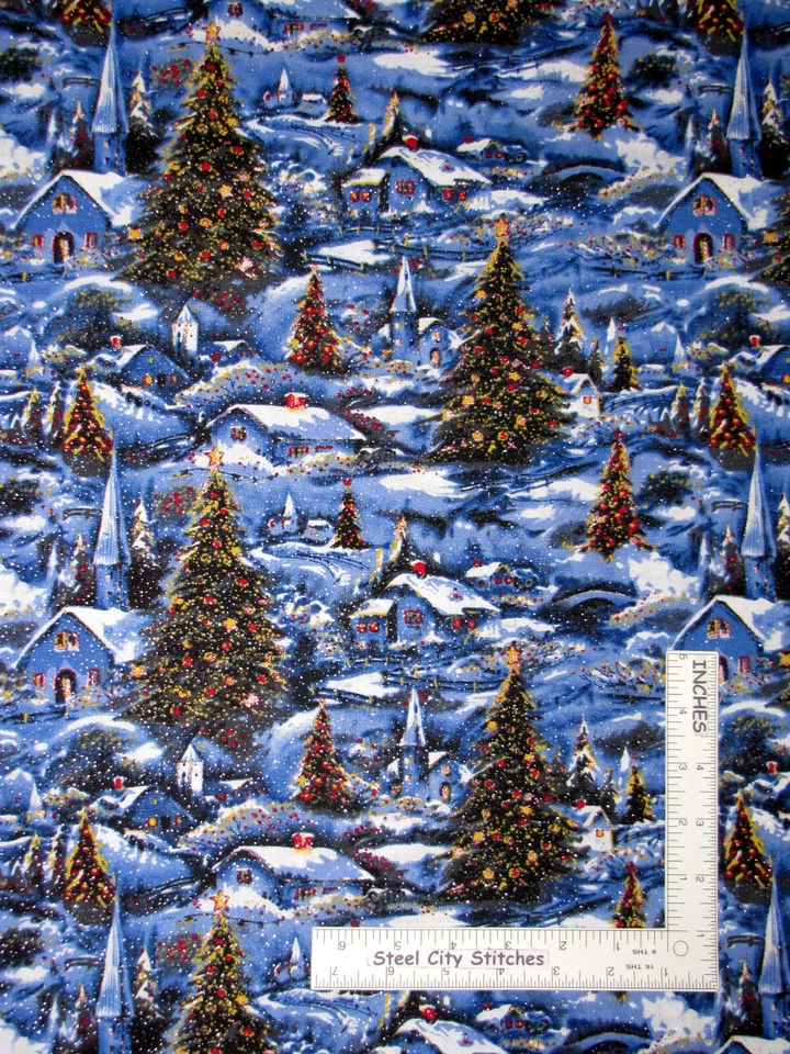 Christmas Winter Church Snow Trees Silver Glitter Cotton Fabric David By Yard - Image 1 of 1