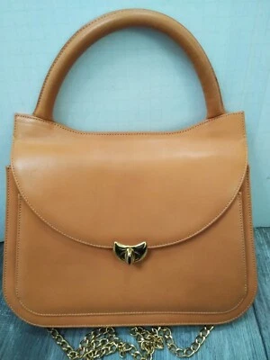 GENUINE JANE AUGUST  BROWN / TAN LEATHER FLAP SHOULDER BAG W/ GOLD TONE STRAP - Image 1 of 4