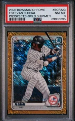 2020 Bowman Chrome Gold Shimmer Prospect Estevan Florial /50 PSA 8 Pop 1. - Image 1 of 4