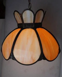 VINTAGE BENT SLAG STAINED GLASS HANGING CHANDELIER 17" DIAMETER EARTH TONE - Picture 1 of 21