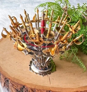 Vintage TOLEDO Set Spain Cocktail Appetizer 24 Sword Skewers Holder Brass Picks - Picture 1 of 13