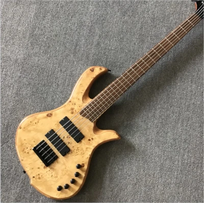 Custom 5-strings Electric Bass Guitar Burl Maple Top Black Hardware Freeshipping - Image 1 of 4