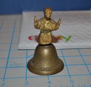 Miniature Vintage Asian Brass Rustic Bell Praying Man Handle Etched 3"H 1950's - Picture 1 of 6