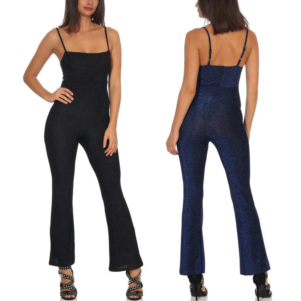 Damen Overall Glitzer Lamé Jumpsuit Onesie Reißverschluss Retrolook Bodycon - Bild 1 von 1