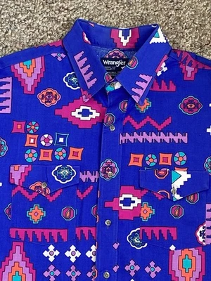 Wrangler BrushHPopper Aztec X Long Tails Western Rodeo Cowboy Shirt 17.5-36 - Image 1 of 4