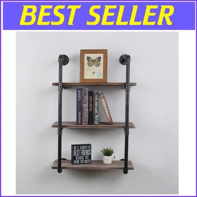 Wood and Metal Industrial Pipe Shelves - 24in Steampunk Floating Shelf Unit - Image 1 of 4