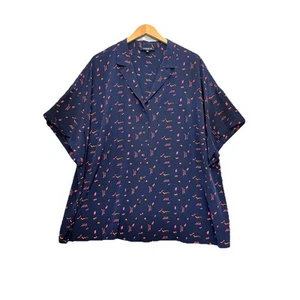 Lafayette 148 New York 100% Silk Blouse Navy Button Front Abstract Size 3X SS - Picture 1 of 7