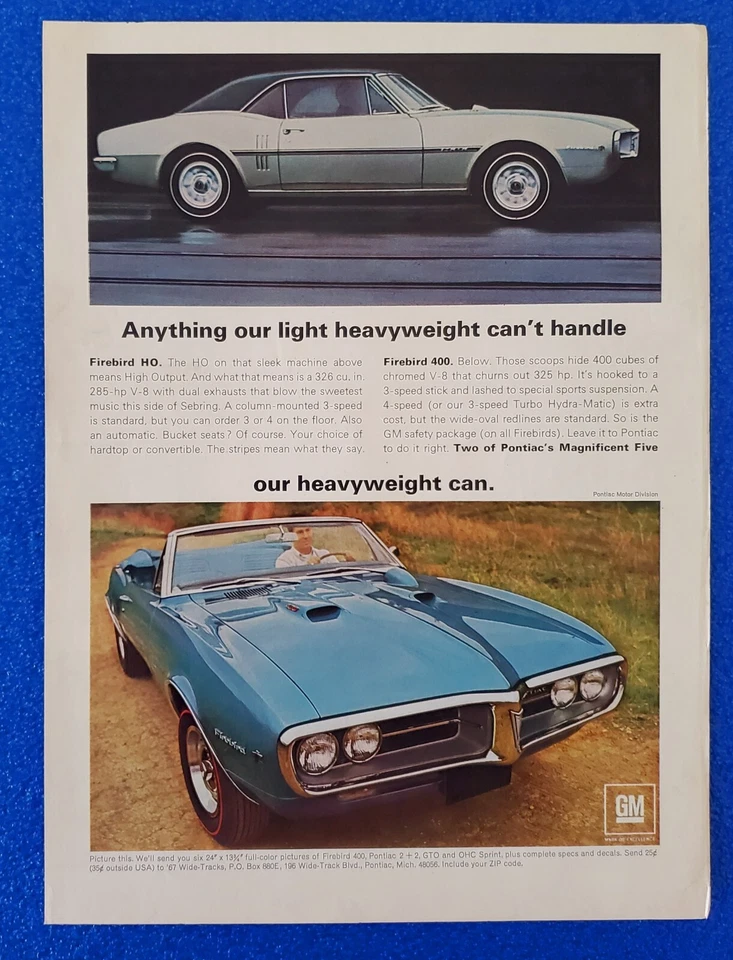 1967 PONTIAC FIREBIRD HIGH OUTPUT & FIREBIRD 400 ORIGINAL CLASSIC PRINT AD BY GM - Image 1 of 1