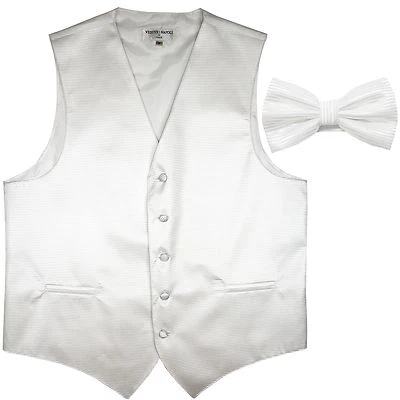 New formal men's tuxedo vest waistcoat & bowtie horizontal stripes prom white - Image 1 of 4