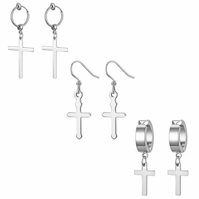 3 Пары из нержавеющей стали крест падение подвеской обруч Huggie крюк серьги мужские женские - Изображение 1 из 4