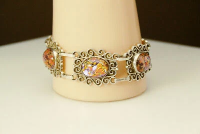 Vintage Sterling Silver Mexico Art Glass Cabochon Scroll Bracelet 36.8g (BR5311) - Image 1 of 4