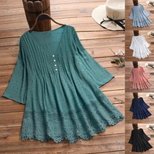 Womens Lace Baggy Tunic Tops Ladis Summer Casual V Neck T Shirt Plus Size 24 28 - Picture 1 of 18
