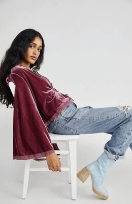 Free people Velvet Bed Jacket cute lace trims Kimono in Smokey Wings S - Image 1 of 4