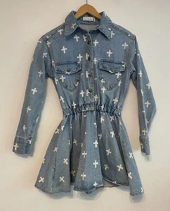 Lunatic Blue Ladies Dress Sz 4 XXS Blue Denim Long Sleeve Collared Mini Cross - Picture 1 of 16