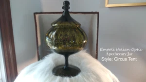 Italian Empoli Optic Apothecary Jar Circus Tent Lid Art Glass Avocado Green - Picture 1 of 13