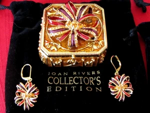 Joan Rivers 2007 Enameled Trinket Box Bow Pin & Earrings Set Rhinestone NEW MIB - Picture 1 of 9